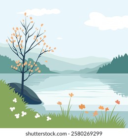 A calm lake surrounded by blooming spring flowers, a delicate tree, and distant mountains under a soft sky.