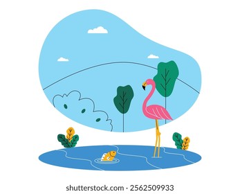 A calm lake view, there is a pink flamingo standing gracefully on one leg and a yellow fish swimming in the water, green trees with green hills background, ecosystem vector illustration.