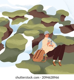 Paisaje tranquilo con senderismo descansando en soledad en la naturaleza después del senderismo. Persona relajándose con la mayor cantidad de té caliente en las montañas. Hombre explorador con mochila durante el senderismo. Ilustración vectorial plana