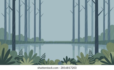 Calm landscape of rainfall over a quiet lake surrounded by a green pine forest and leafy bushes in vector style.