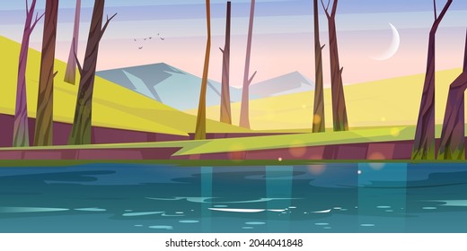 Calm landscape with river, green grass, bare trees and mountains at morning. Vector cartoon illustration of nature scene of lake or pond in spring forest, rocks on horizon and moon in sky after sunset