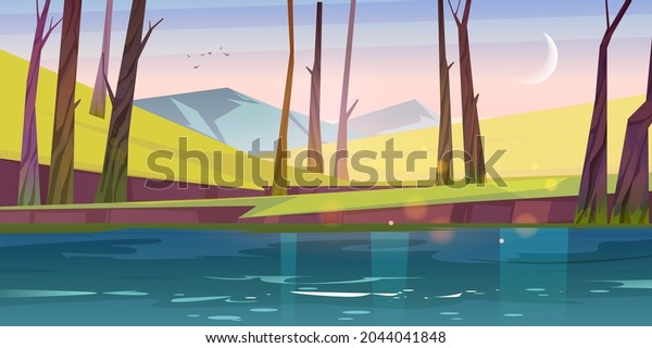 Calm landscape with river, green grass, bare trees
and mountains at morning. Vector cartoon illustration of nature
scene of lake or pond in spring forest, rocks on horizon and moon
in sky after sunset