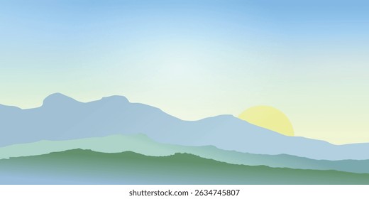 a calm landscape with silhouettes of mountains in the background. The sun is setting or rising over the mountains, coloring the sky in soft blues and yellows. Foregrounds include green hills