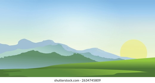 a calm landscape with silhouettes of mountains in the background. The sun is setting or rising over the mountains, coloring the sky in soft blues and yellows. Foregrounds include green hills
