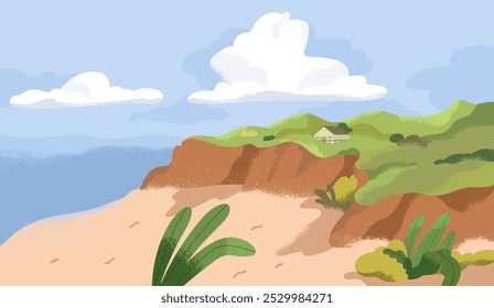 Ruhige Landschaft ruhige Natur mit Meer, Sandküste, Wolken am Himmel. Ruhige Küste, Küste, Wasser, abgelegener Strand. Ruhe, Stille und Ruhe in der Umgebung. Flache Vektorgrafik