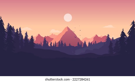 Paisaje de calma - Ilustración vectorial de la naturaleza cálida con bosque, árboles y montaña con cielo claro en el fondo. 