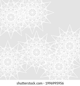 Calm Light Soft Sharp Complicated Folk Lace Pastel Ornament. Ice Grey Ornamental Print Frost Stars Mystery Mandala Wallpaper. Winter Chaotic Luxury Monochrome Silver Satanic Cold White Design Pic.