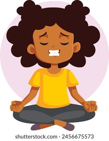 
Calm Little Child Sitting In Yoga lotus Pose Vector Cartoon. Cute girl of African ethnicity experiencing calmness and mindfulness 
