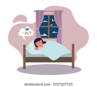 Calm little cute girl is sleeping in bed and having sweet dreams. Beautiful child is peacefully dreaming about unicorn and rainbow in her cute bedroom. Flat cartoon vector illustration