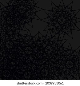 Calm Luxury Dark Pattern Lace Network Chaotic Background. Gray Darkness Vintage Night Ornamental Print Messy Mandala Background. Grey Shapes Black Backdrop Stars Textile Mystery Folk Pattern.