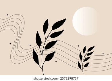 Calm and luxury geometric background. Quiet and peaceful motion backdrop. Abstract dynamic wave lines with stars and leaves. Modern boho minimalist art.
