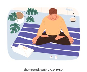 Calm male in lotus position watching online classes meditation on laptop vector illustration. Relaxed guy with closed eyes practicing yoga. Man doing exercise at cozy home with candles and incense