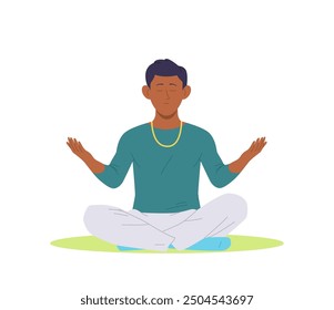 Calm man cartoon character meditating creating harmony and mindfulness feeling soul tranquility