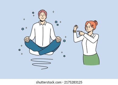 Calm man meditate at work, angry boss stressed about deadline. Relaxed and distressed employees at workplace. Time management. Vector illustration. 