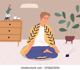Hombre tranquilo meditando y practicando ejercicios de yoga en casa. Un tipo relajado que realiza meditación consciente y técnicas de control del aliento en la posición del loto. Ilustración vectorial plana de color