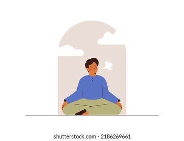 Calm man meditating in the window for saving mental health. Young male relaxing in lotus posture and doing breathing exercises. Balance, harmony and mindfulness concept. Vector illustration