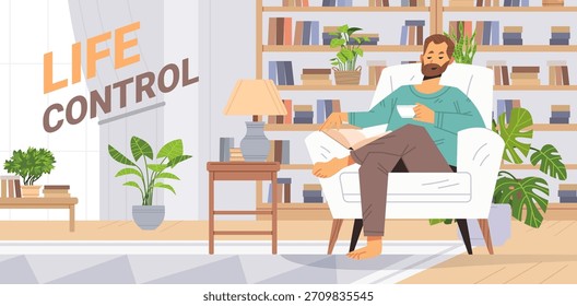 Calm man reads book and drinks coffee while sitting in soft chair. Life control concept vector illustration