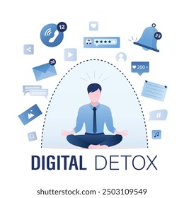 Calm man sitting lotus yoga pose and meditating. Businessman turned off smart gadgets, digital detox. No using mobile phone. Freedom and protection from internet, smartphones and social media. vector