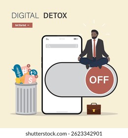 Calm man sitting lotus yoga pose and meditating. Businessman turned off smart gadgets, digital detox. No using mobile phone. Freedom and protection from internet, smartphones and social media. vector