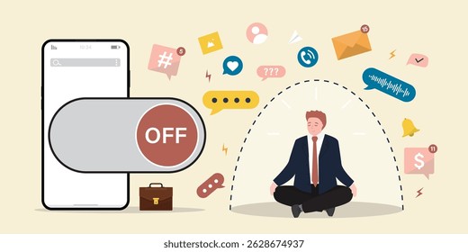 Calm man sitting lotus yoga pose and meditating. Businessman turned off smart gadgets, digital detox. No using mobile phone. Freedom and protection from internet, smartphones and social media. vecto