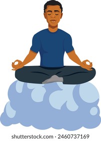 
Calm Man Sitting on a Cloud in Yoga pose Vector Cartoon. Serene guy meditating sitting in Pilates feeling in heaven
