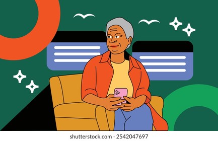 A Calm Mature Woman Sitting in a Chair, Engaging with Her Smartphone, Showing Relaxed Expression and Casual Home Setting