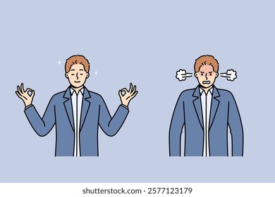 Calm meditating man turns into angry businessman due to constant problems in career. Meditating guy stands in lotus position and uses yoga practices to control own emotions and aggression.