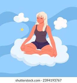 Calm meditation of girl on cloud in blue summer sky vector illustration. Cartoon young cute happy woman sitting in lotus yoga pose for peaceful harmony, zen relaxation and spiritual mind balance