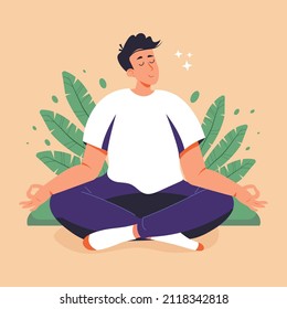 Calm men with closed eyes and crooked legs meditating in yoga lotus position in nature. Illustration for yoga, meditation, relaxation, rest, healthy lifestyle. Vector flat cartoon illustration