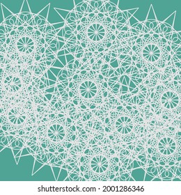 Calm Messy Lace Green Luxury Vintage Grey Ornamental Background. Silver Mandala Folk Azure Light Chaotic Textile Ice Design Pic. Complicated White Stars Print Dark Pastel Mystery Turquoise Ornament.