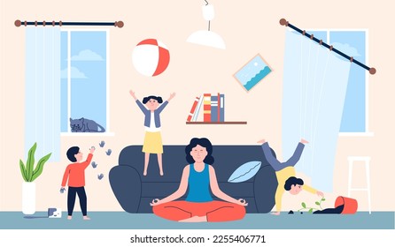 Calm mom and mischievous kids in room. Children jumping and running, doing chaos in home. Mother meditate, family game time recent vector scene