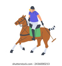 Momento de calma en el polo. Ilustración vectorial de un jugador en un caballo de castaño, sosteniendo un mazo de polo, listo para el juego, contra un fondo blanco.