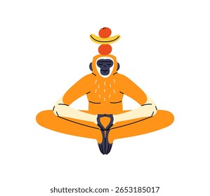 Calm monkey meditates. Peaceful primate practices yoga with fruit on its head. Cute gibbon sits in lotus pose. Jungle animal is in asana. Flat isolated vector illustration on white background