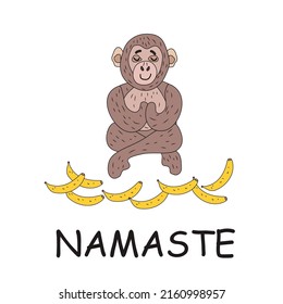 Calm monkey white background sits   rests  Namaste  Vector stock illustration  Hand draw