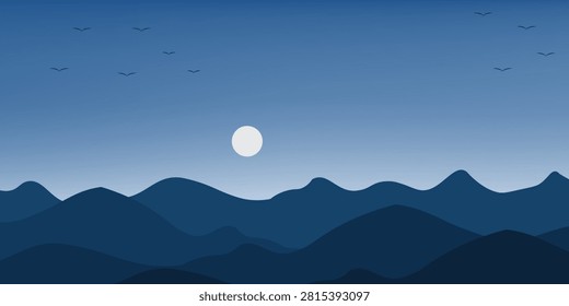 Calm moonlit mountain landscape featuring layered blue ridges under a twilight sky with a full moon and silhouetted birds, evoking tranquility, solitude, and natural beauty for backgrounds or prints.