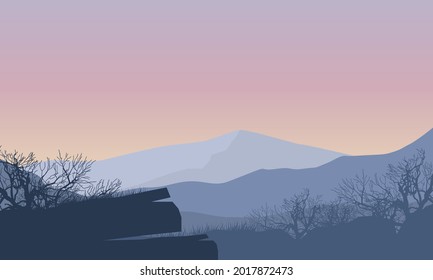 A calm morning atmosphere in the countryside with a beautiful view of the mountains at sunrise. Vector illustration of a city