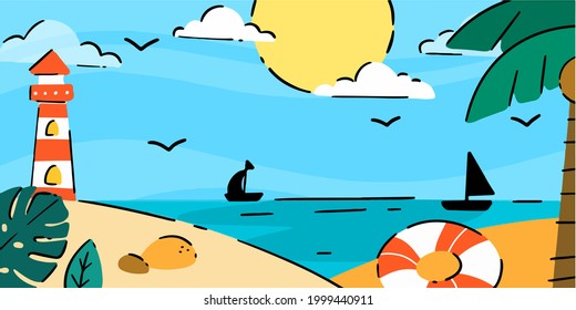 Calm Morning At Sea Shore Doodle Illustration Exclusive Vector