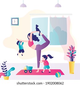 Calm mother doing exercises at home. Kids jump and play around busy mom. Female character trying to practice yoga with children. Concept of balance and stress relief. Trendy flat vector illustration