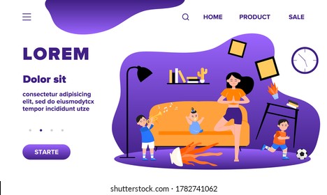 Calm mother doing yoga among naughty kids. Children making chaos while mom meditating at home. Vector illustration for motherhood, childhood, stress relief concept