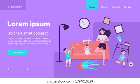 Calm mother doing yoga among naughty kids. Children making chaos while mom meditating at home. Vector illustration for motherhood, childhood, stress relief concept