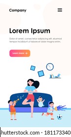 Calm mother doing yoga among naughty kids. Children making chaos while mom meditating at home. Vector illustration for motherhood, childhood, stress relief concept