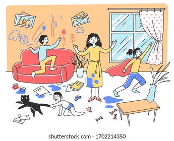 Calm mother meditating in chaos flat vector illustration. Mischievous and naughty children playing and destroying room. Parenting and behavior concept