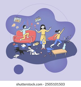 Calm mother meditating in chaos flat vector illustration. Mischievous and naughty children playing and destroying room. Parenting and behavior concept