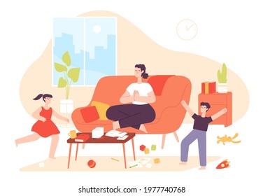 Calm mother. Mom do meditation yoga exercise and noisy naughty children jump. Chaos in home and parenting patience, cartoon vector concept. Illustration mother meditation, calm sport relaxation