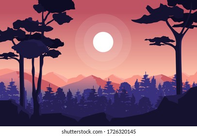Calm Mountain Forest Wild Nature Scene Landscape Monochrome Illustration