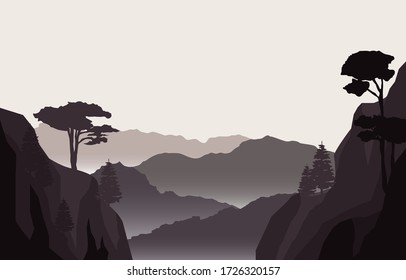 Calm Mountain Forest Wild Nature Scene Landscape Monochrome Illustration