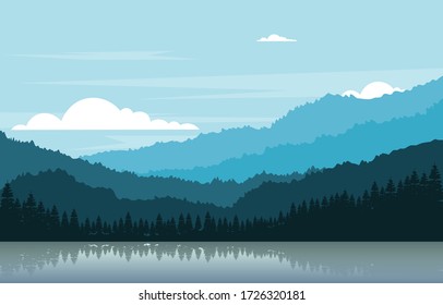 Calm Mountain Forest Wild Nature Scene Landscape Monochrome Illustration