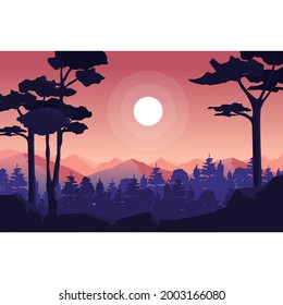 Calm Mountain Forest Wild Nature Scene Landscape Monochrome Illustration
