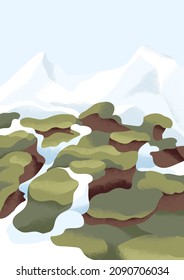 Calm mountain landscape. Peaceful spring nature with peaks in ice and snow. Serene tranquil scenery of highlands with mounts in green grass. Idyllic scene in morning. Colored flat vector illustration