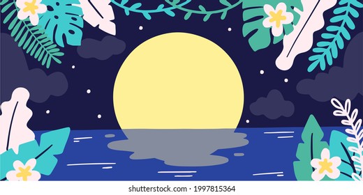 Calm And Mysterious Moon Night Doodle Illustration Vector